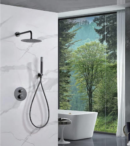 Thermostatische Douche Set – Douchekraan – Regendouche – Handdouche – Douche Thermostaat – Zwarte Gun Metal – Thermostaat met 2-weg Omschakeling – Ø 25 cm Regendouche