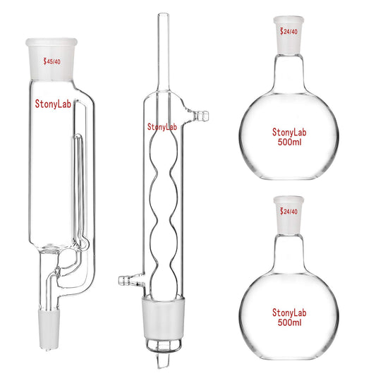 Soxhlet-extractieapparaat – Soxhlet-opstelling – Soxhlet-extractor – Extractieopstelling – Refluxopstelling – Complete Set Met 2x 500 Ml Vlakbodemkolven En Allihn Condensor – Borosilicaatglas Met 45/40 En 24/40 Slijpverbindingen