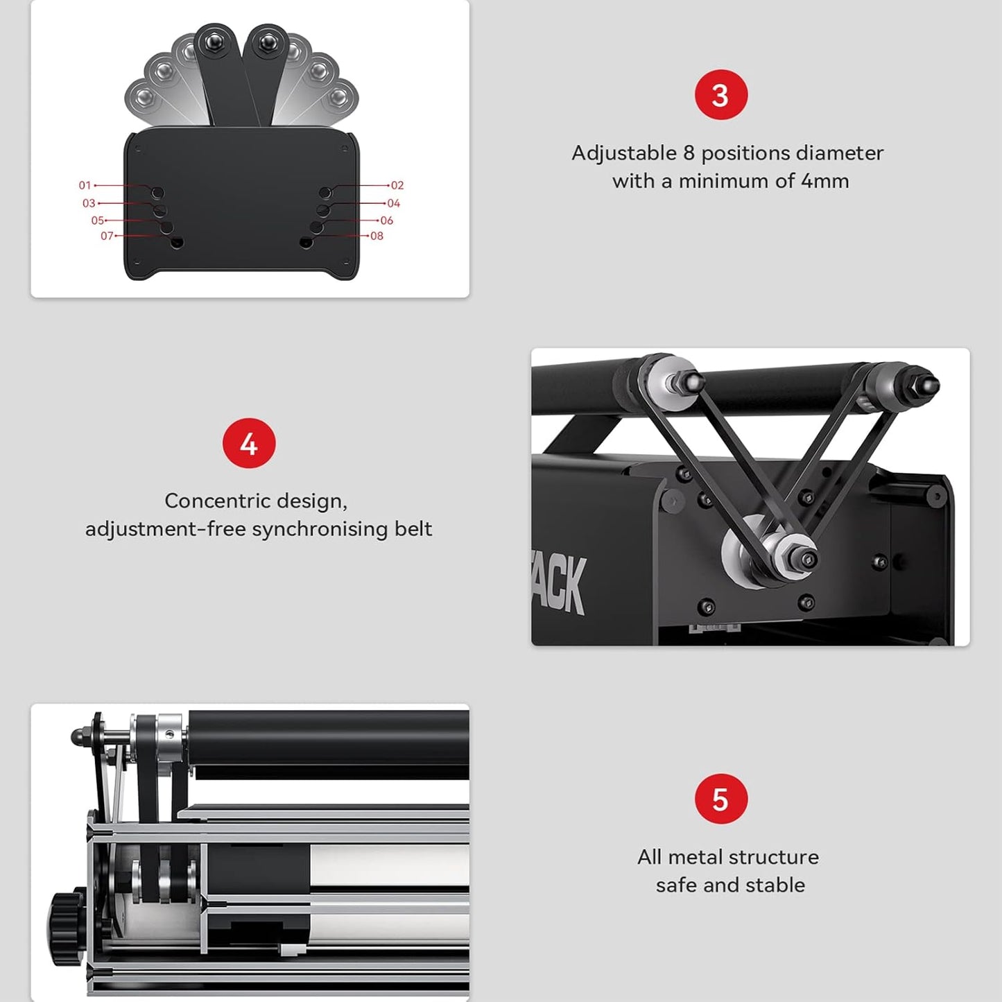 Laserrotatieroller – Rotatiemodule Voor Lasergraveermachine – Graveerroller – Y-As Rotatiewals – Roterende Roller Voor Cilindrische Objecten – 360° Gravure – 8 Instelbare Diameters Van 4 Tot 100 Mm