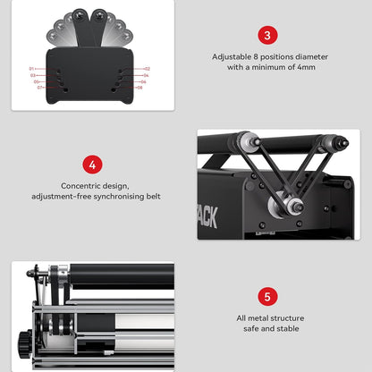 Laserrotatieroller – Rotatiemodule Voor Lasergraveermachine – Graveerroller – Y-As Rotatiewals – Roterende Roller Voor Cilindrische Objecten – 360° Gravure – 8 Instelbare Diameters Van 4 Tot 100 Mm