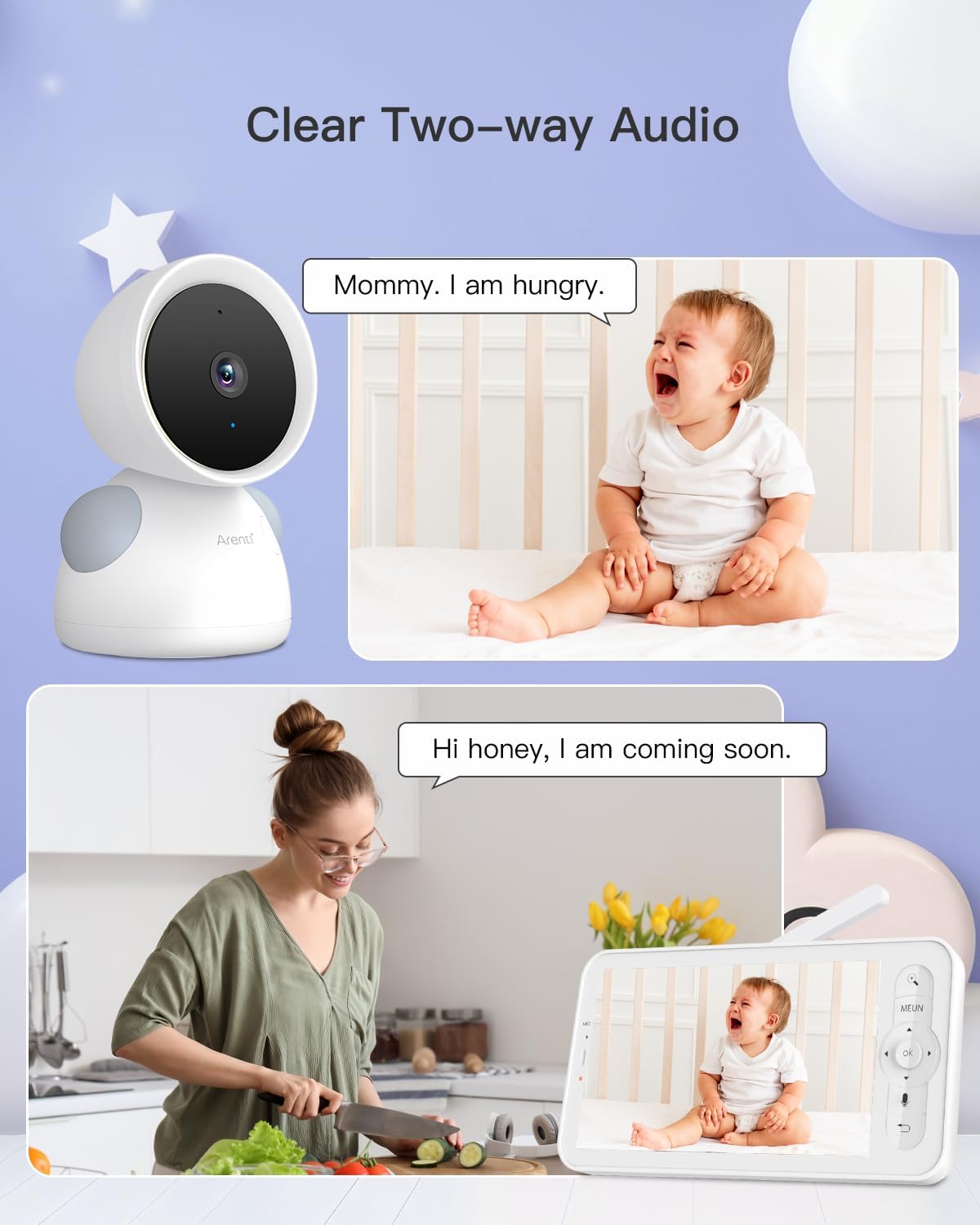 ARENTI Babyfoon met 2 camera's en app 2K/3MP, 5 inch wifi-video-babyfoon PTZ 355°, automatische tracking, schrijfherkenning, temperatuur- en luchtvochtigheidssensor, nachtzicht, compatibel met Alexa