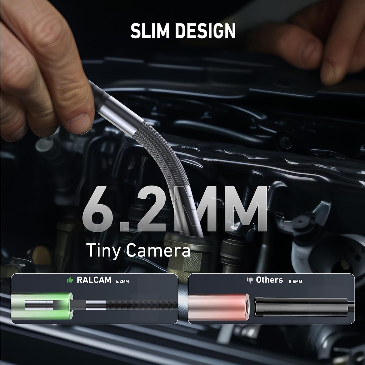 Ralcam Endoscoopcamera met licht, endoscoop, 6,2 mm, inspectiecamera, 4,3 inch, HD, 720P, buiscamera, camera's met 6 leds, IP67 waterdicht, 2 m, flexibele kanaalcamera, telescopische camera