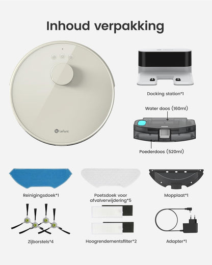LEFANT M1 Robotstofzuiger en dweilrobot met kaart, 5500 Pa, 200 min, lasernavigatie met dToF, gepersonaliseerde reiniging, verboden zone, Alexa/WiFi/app, ideaal voor intelligent thuis, champagne