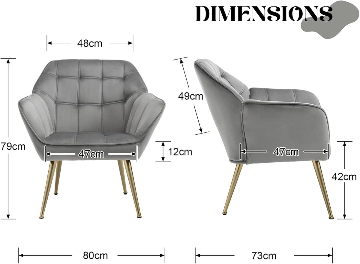 Fluwelen Fauteuil Set – Gestoffeerde Stoel – Kuipstoel – Accentstoel – Lounge Stoel – Compact Design – Metalen Poten – 2 Stuks Grijs