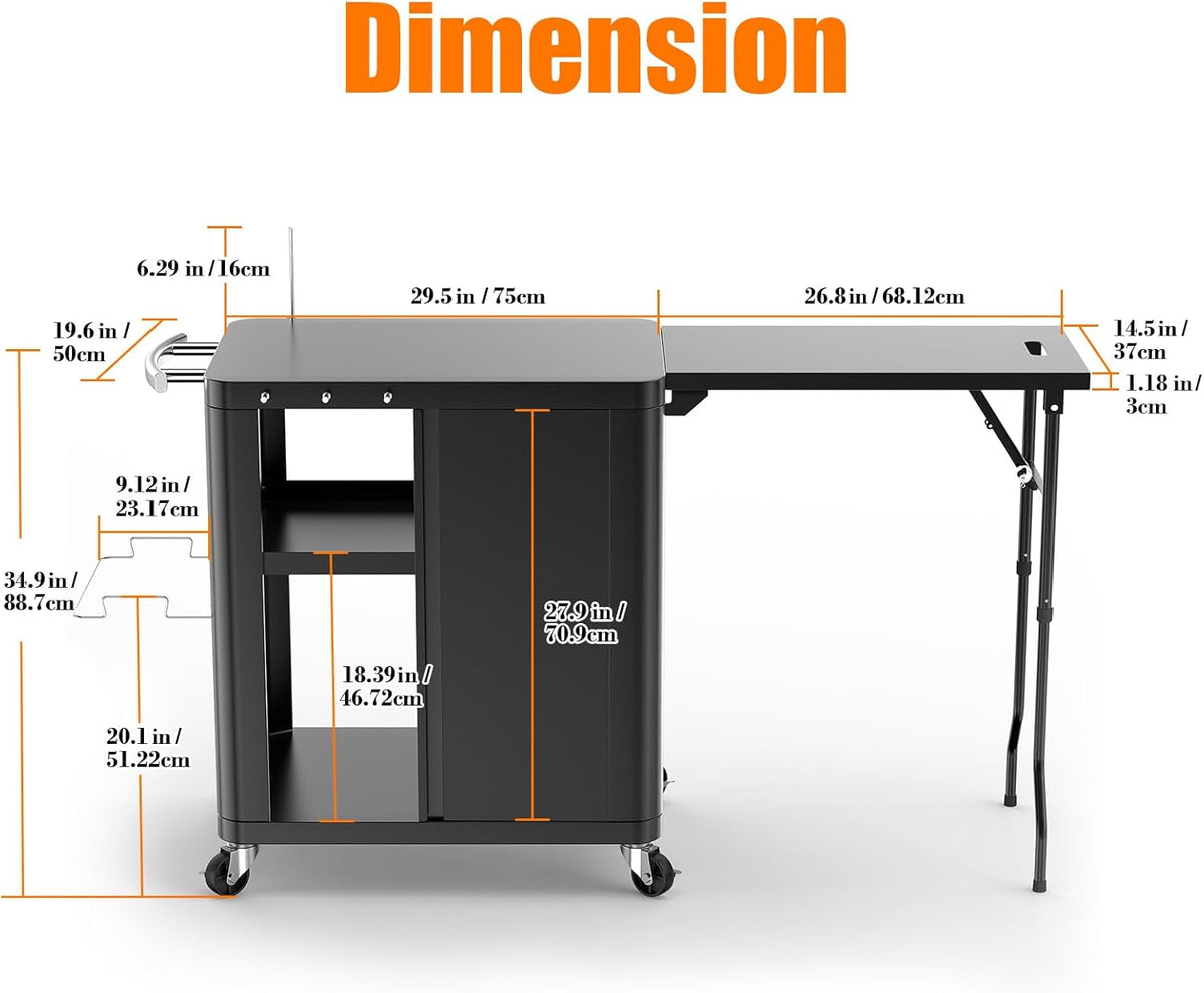 GFTIME Grillwagen, grilltafel met inklapbare bijzettafel, outdoorkeuken met haken, opbergrek en kast, serveerwagen met wielen, buitenkeuken, 143 x 37 x 89 cm