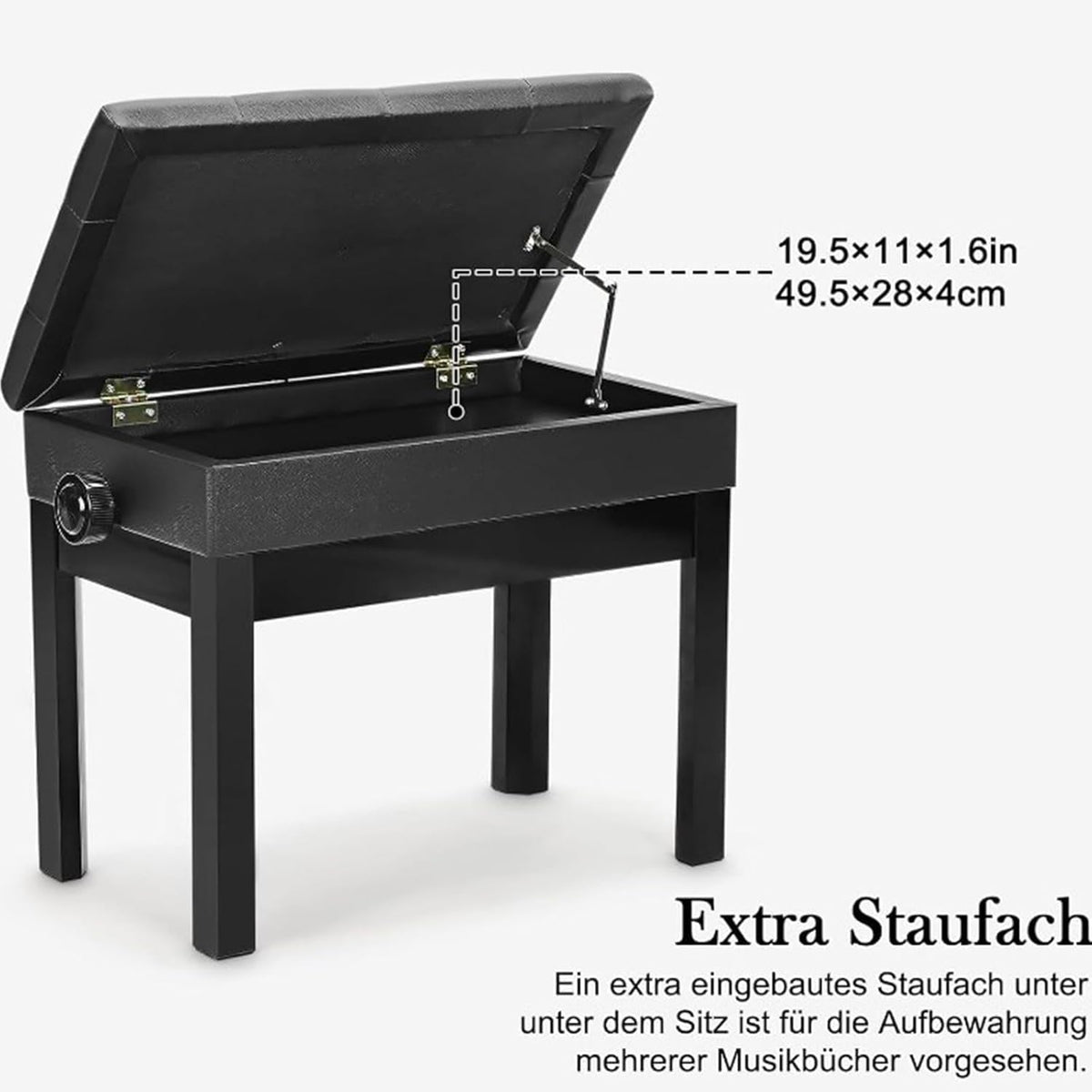 Piano zitbank 56 x 33,5 x 58 cm Verstelbare hoogte met PU leder Gepolsterde zitkussen Opbergruimte Smaak Afbergvak Hocker Zwart