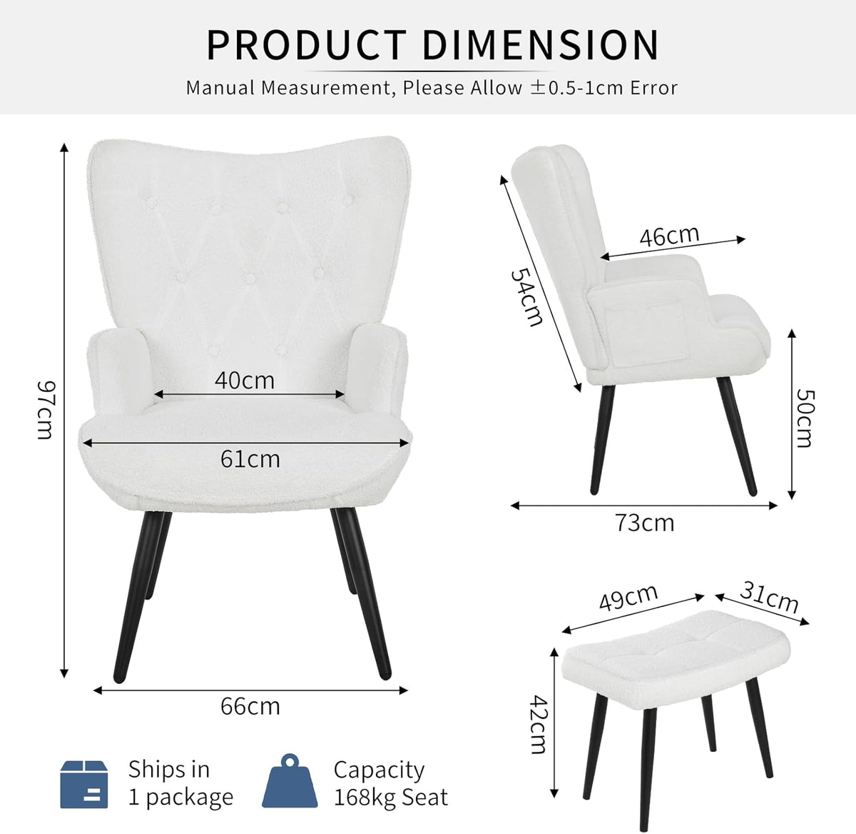 Fauteuil – Relaxstoel – Loungefauteuil – Leunstoel – Wit Teddy Stof – Ergonomisch Vleugelontwerp – Belastbaar Tot 168 kg