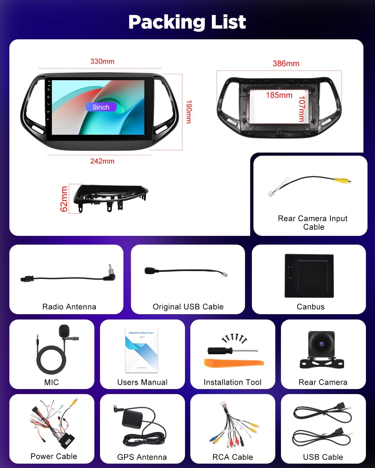 NHOPEEW 8 Core 6+128G Android autoradio voor Jeep Compass 2017-2019 met Wireless Carplay & Android Auto DSP WiFi GPS stuurbediening 360°-panoramisch zicht