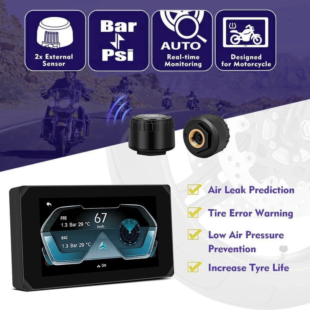 VSYSTO Motorfiets Carplay Scherm, Draadloze Carplay en Android Auto, GPS Navigatie, Parkeermonitoring, Bandenspanningssensoren, 5-Inch WiFi Dashcam 1080P Voor- en Achtercamera (CS5PRO)