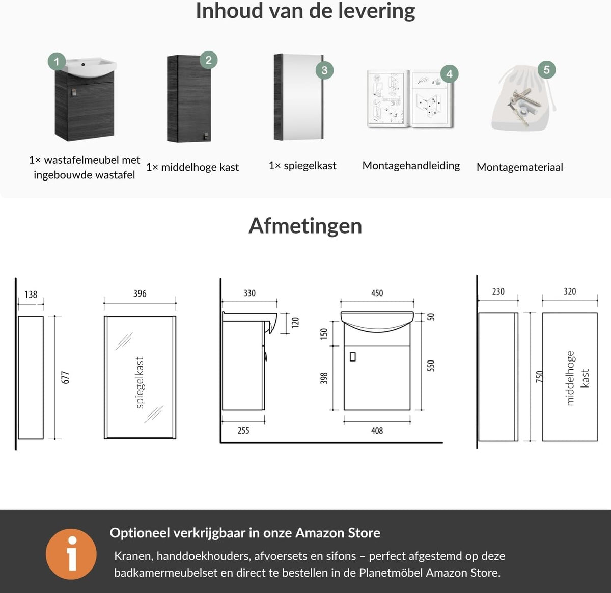 Planetmöbel bathroom cabinet set Washbasin with vanity unit 45 x 60 x 33 cm with mirror cabinet 40 cm, midi cabinet for bathroom & guest toilet, anthracite - QUORE