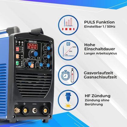 IPOTOOLS ACDCTIG 200P WIG Lasapparaat, AC/DC, lasapparaat met 200 ampère, volledig digitaal inverter-lasapparaat, inclusief HF-ontsteking, pulsfunctie, MMA/E-hand, IGBT