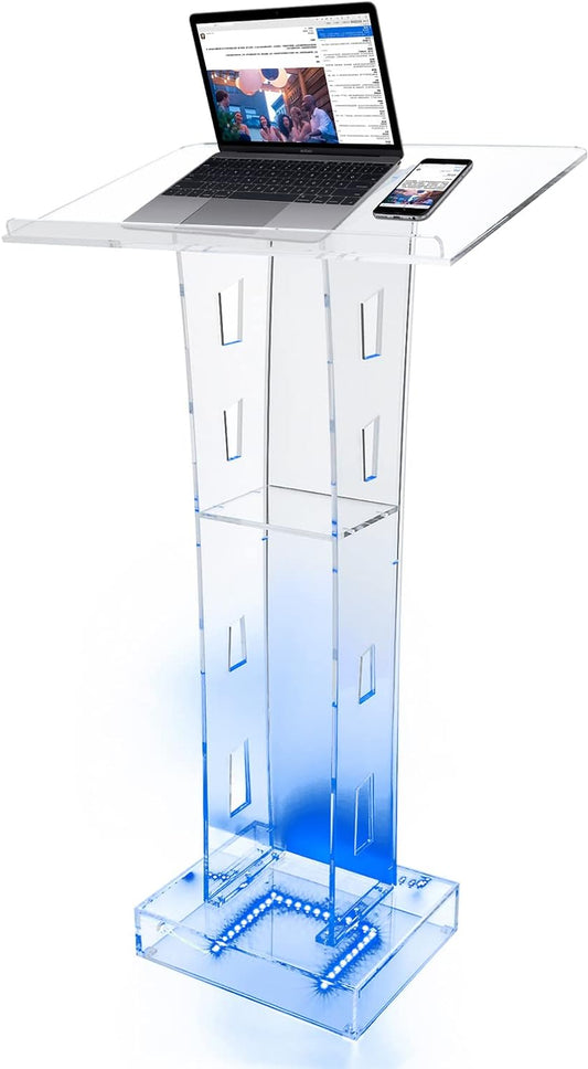 LED Transparent Acrylic Podium Mobile Church Standing Desk Portable Tasty Desk School Event Conference Clear Lectern Desk Stage Master of Ceremonies Clear Chancel Event - QUORE