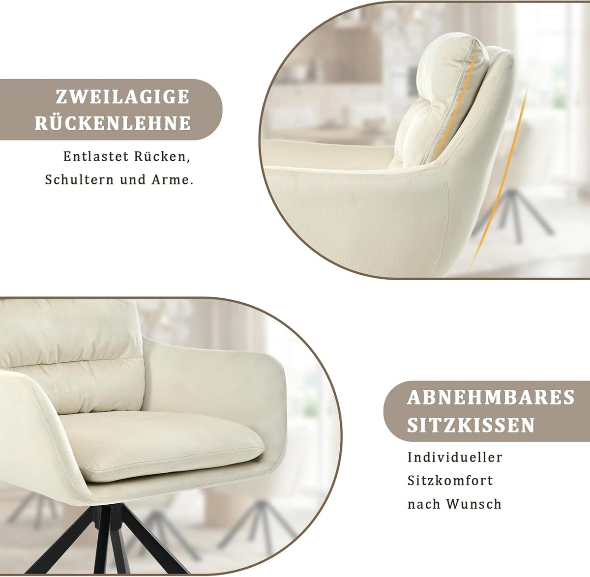 Eetkamerstoelen, draaibaar, set van 1 met armleuning, 360 graden draaibare enkele stoel met dubbele rugleuning, afneembaar zitkussen, fluweel, keukenstoel voor eetkamer en woonkamer, kantoor