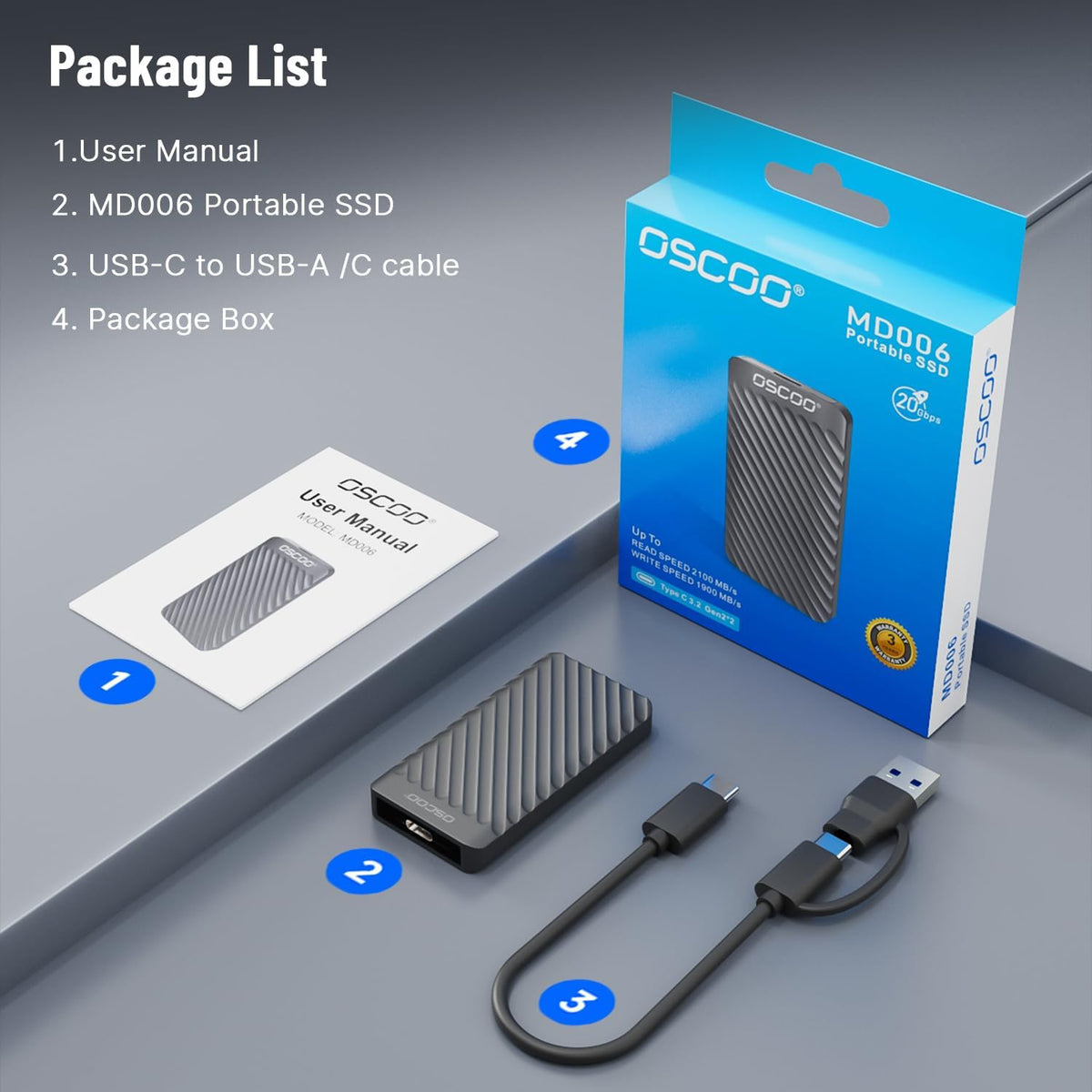 4TB Draagbare SSD USB 3.2 Gen 2x2 externe SSD tot 2000MB/s Externe Harde Schijven Dubbele USB-C en USB-A compatibel met smartphones, laptops, tablets, smart tv's, camera's, spelconsoles