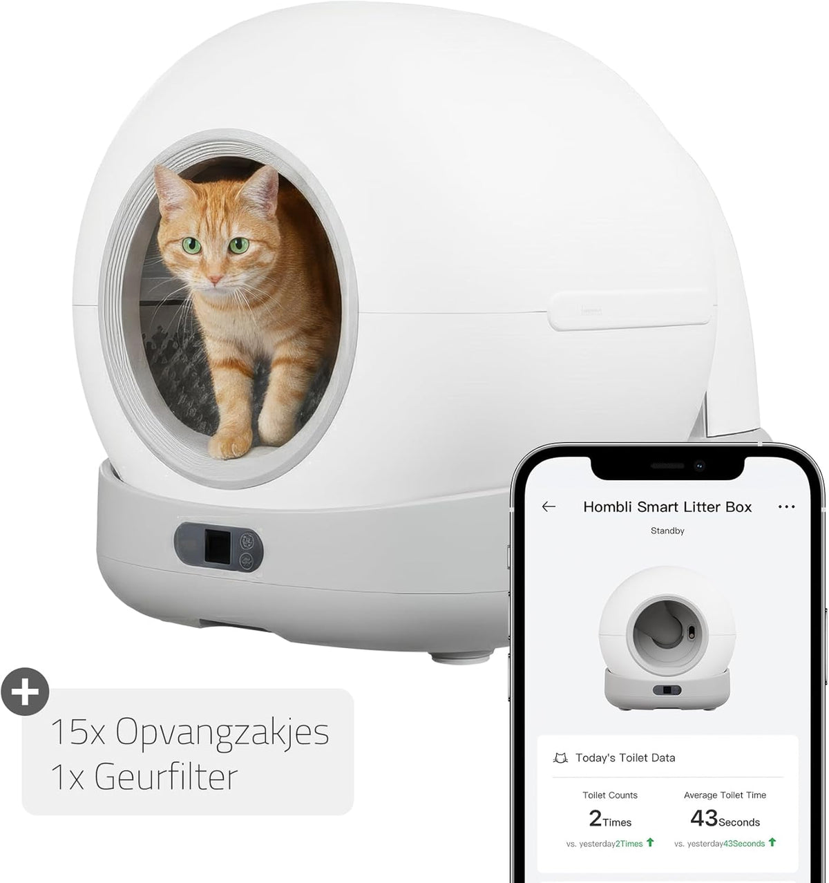 Hombli Slimme kattenbak met automatische zelfreiniging, uv-sterilisatie, gezondheidsbewaking, camera, compatibel met Alexa en Google