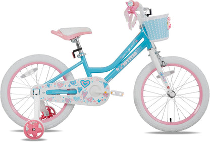 JOYSTAR 18 inch kinderfiets voor meisjes van 6 tot 9 jaar, 18 inch meisjesfiets met steunwielen en mand, blauw