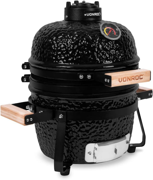 VONROC Kamado barbecue 13 inch - Ø27cm cooking surface - Charcoal barbecue - Ceramic - Tabletop - With base, thermometer, plate setter & rain cover - QUORE