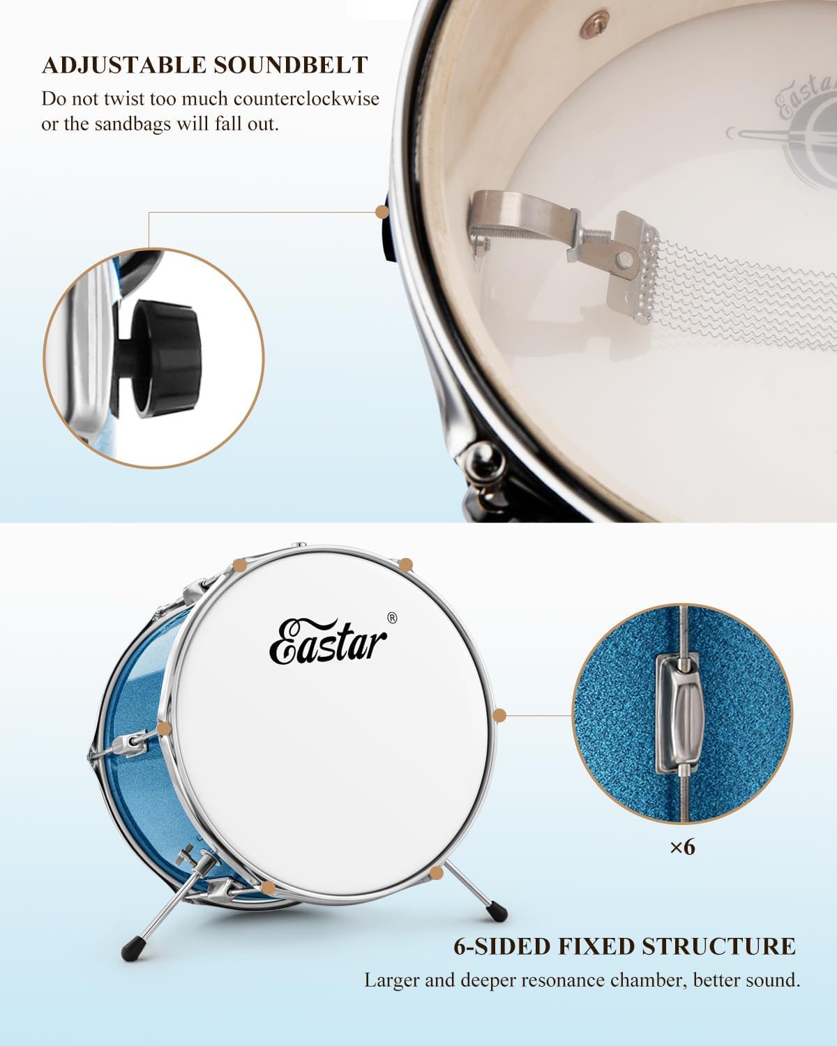 Eastar 3-delig voor kinderen, 3-delig voor beginners, 14 inch drumset met verstelbare troon, bekken, pedaal en twee paar drumsticks, junior drumset met bas Tom snaredrum, metallic hemelsblauw