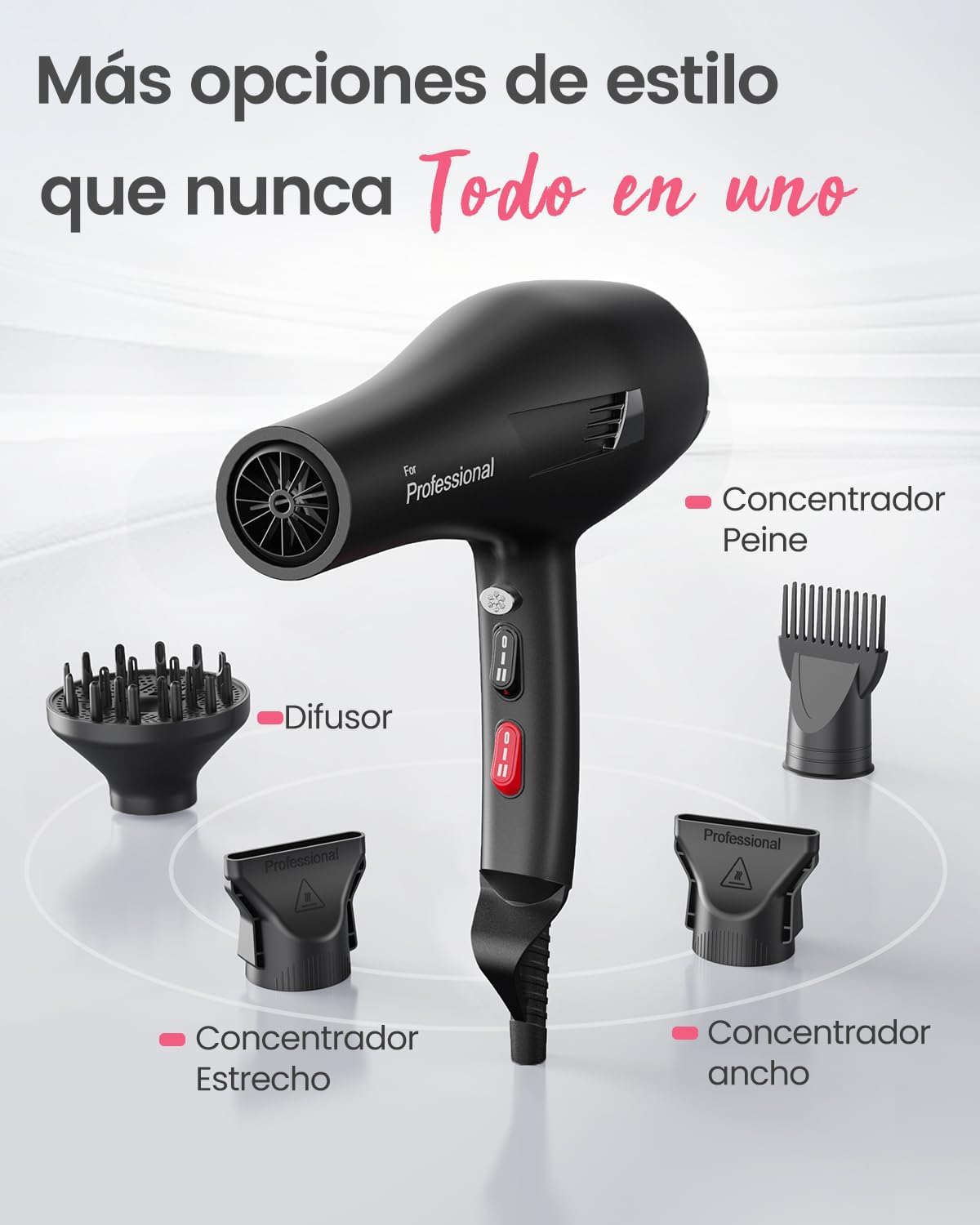 Dekuri Ionen föhn, professionele haardroger met diffuser en 2 stylingsproeiers, 3 warmtestanden en 2 blaasstanden, 2,5 m kabelföhn, krachtige haardroger voor het hele gezin