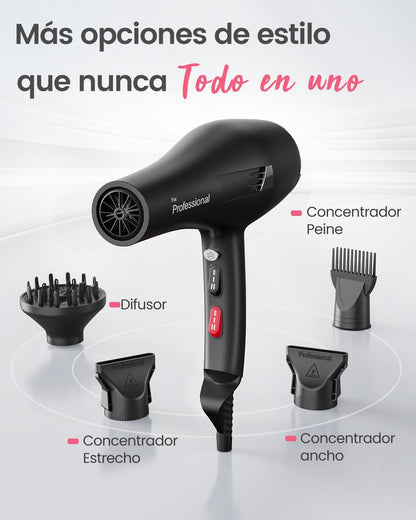 Dekuri Ionen föhn, professionele haardroger met diffuser en 2 stylingsproeiers, 3 warmtestanden en 2 blaasstanden, 2,5 m kabelföhn, krachtige haardroger voor het hele gezin