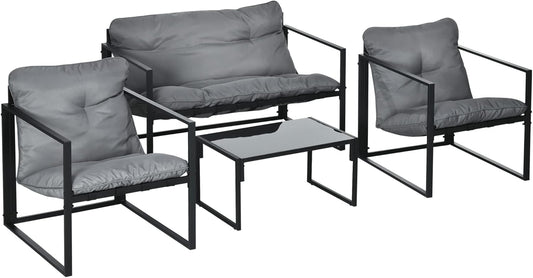 Tuinset – Tuinmeubelset – Loungeset – Balkonmeubel – Buitenmeubelen – 4-delig met 15 cm dikke kussens – Gepoedercoat stalen frame met gehard glazen tafelblad - QUORE