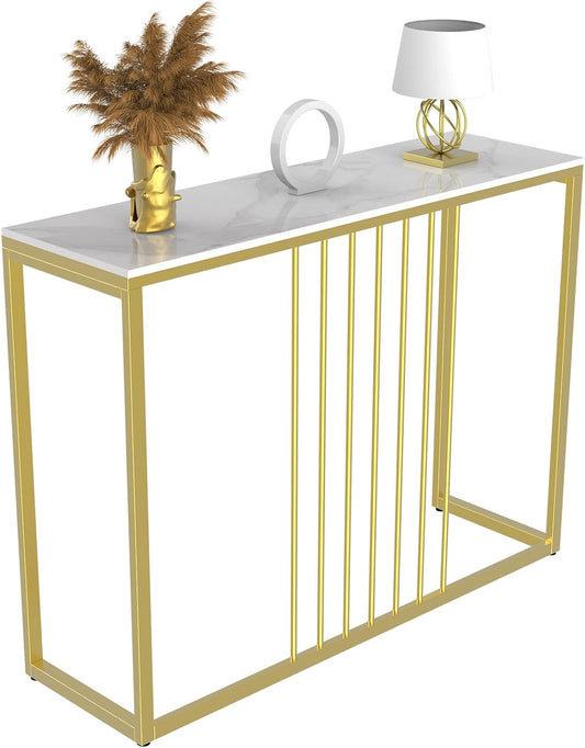 Consoletafel – Sidetable – Haltafel – Sofa Tafel – Gangtafel – Smal Design – Wit Marmeren Blad Gesinterde Steen – Goudkleurig Metaal Frame – 100 cm Lang