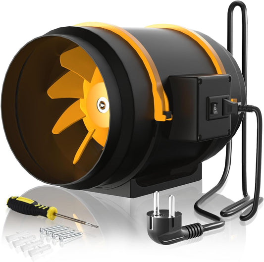 FanGoFast Rookafzuiging, buisventilator, 200 mm, inline-kanaalventilator, afvoerventilator, 230 V, stil, met IEC-stopcontact, EU-stekker + 1,5 m EU-netsnoer voor badkamer, kantoor, groeiruimtes