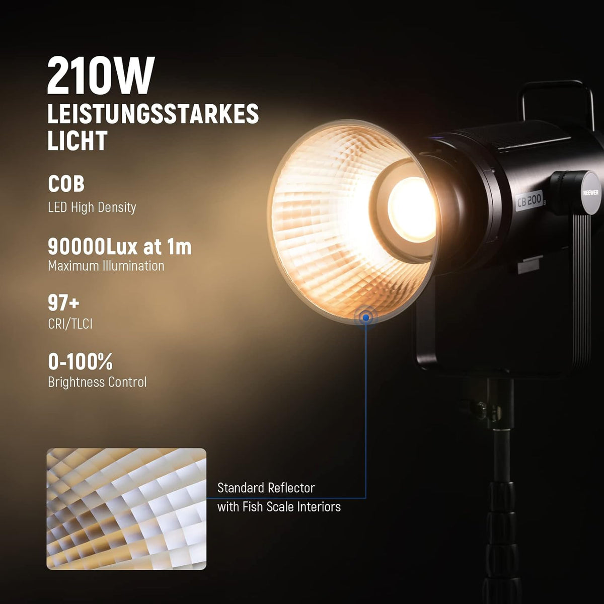 NEEWER CB200B 210 W COB videolicht met 2,4 G/app-afstandsbediening, tweekleurige led-continue verlichting, Bowens Light Photo Studio Mount