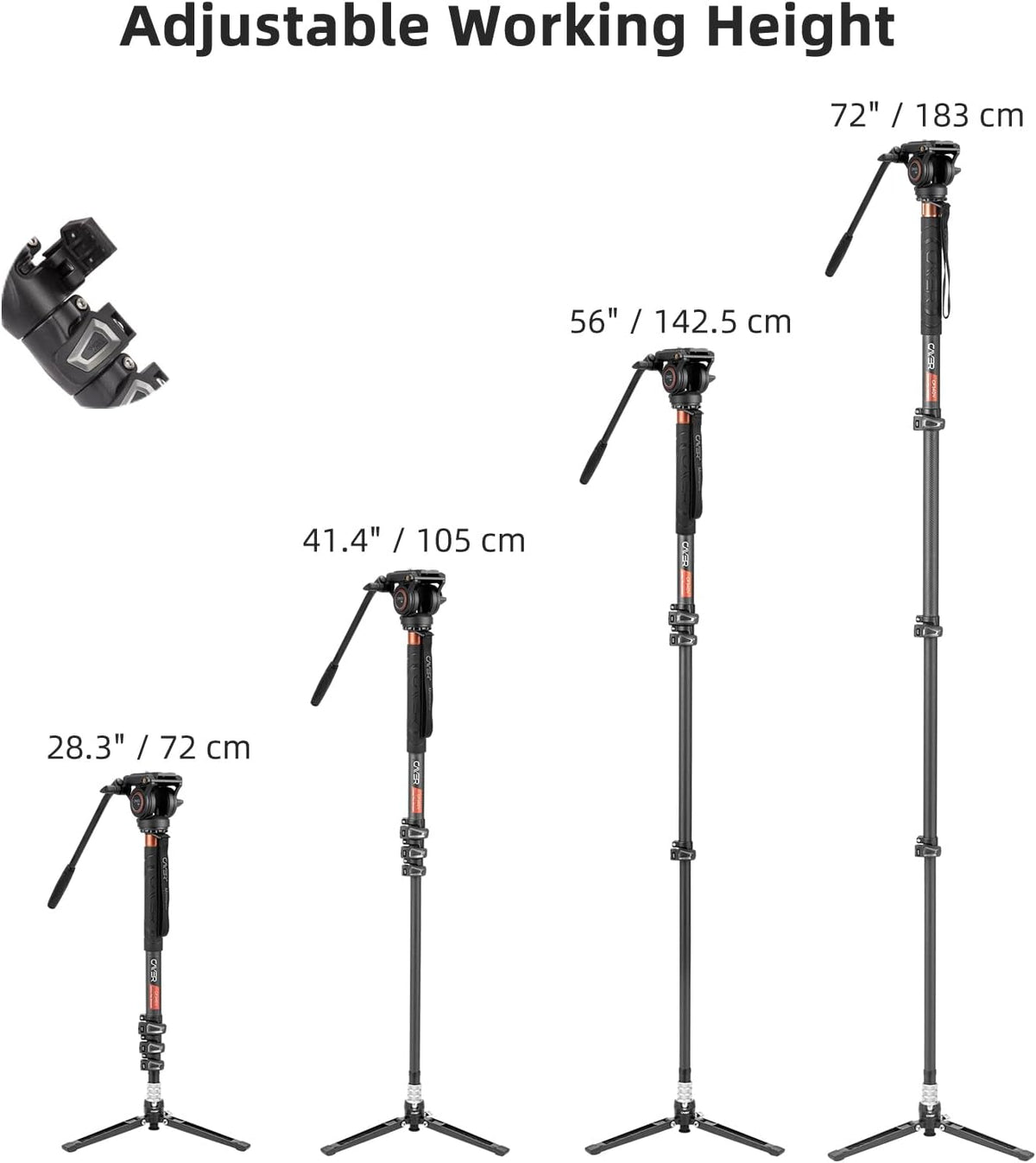 Cayer CF34DVH4 Professionele Video Monopod voor 71 "Carbon Fiber Telescopische Camera met Swivel Head en Tripod Base voor DSLR Camcorders Camcorders