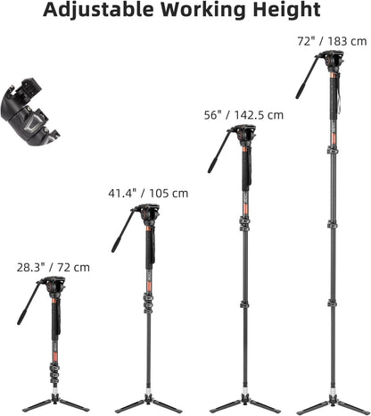 Cayer CF34DVH4 Professionele Video Monopod voor 71 "Carbon Fiber Telescopische Camera met Swivel Head en Tripod Base voor DSLR Camcorders Camcorders