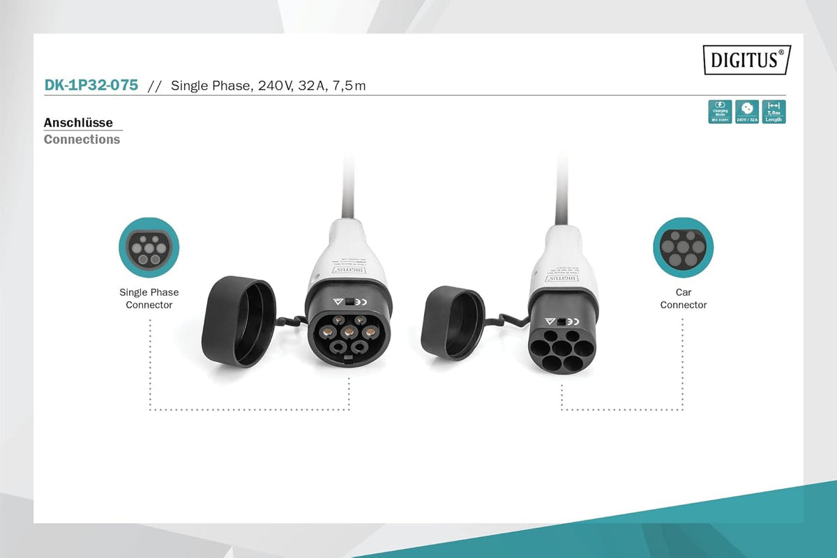 <font dir="auto" style="vertical-align: inherit;"><font dir="auto" style="vertical-align: inherit;">        DIGITUS Mode 3 Charging Cable for Electric Cars & PHEVs - 7.5 m - Type 2 to Type 2 - 1-phase - 32 A - 7.4 kW - Black       </font></font>