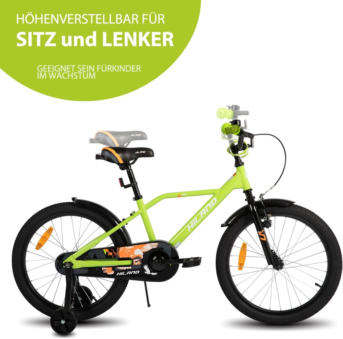 Hiland Kinderfiets, 32/14/16/20 cm, voor jongens van 3-10 jaar, met steunwielen, jongensfiets met handrem en terugtraprem, zwart/groen/blauw