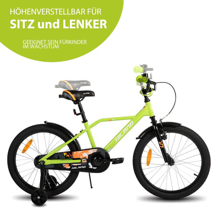 Hiland Kinderfiets, 32/14/16/20 cm, voor jongens van 3-10 jaar, met steunwielen, jongensfiets met handrem en terugtraprem, zwart/groen/blauw