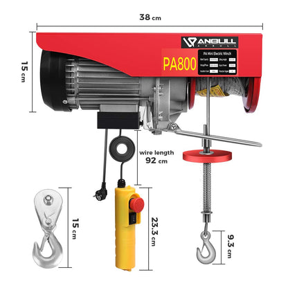 Anbull PA800 Elektrische kabellier, elektrische lier, 400 kg tot 800 kg elektrische motorlier, 220V/1450W, kabelafstandsbediening 12m heflier kabel, hoge veiligheid met noodstopschakelaar