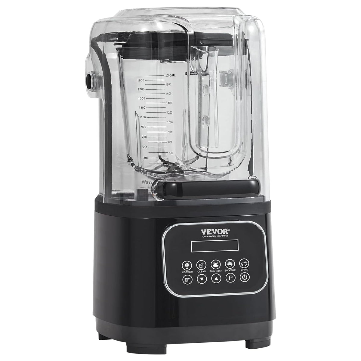 VEVOR Professional Blender with Protection Combined with 2L Glass Jug, Stainless Steel, 9 Speed and 5 Functions, for Smoothies, Black, 280 x 240 x 505 mm