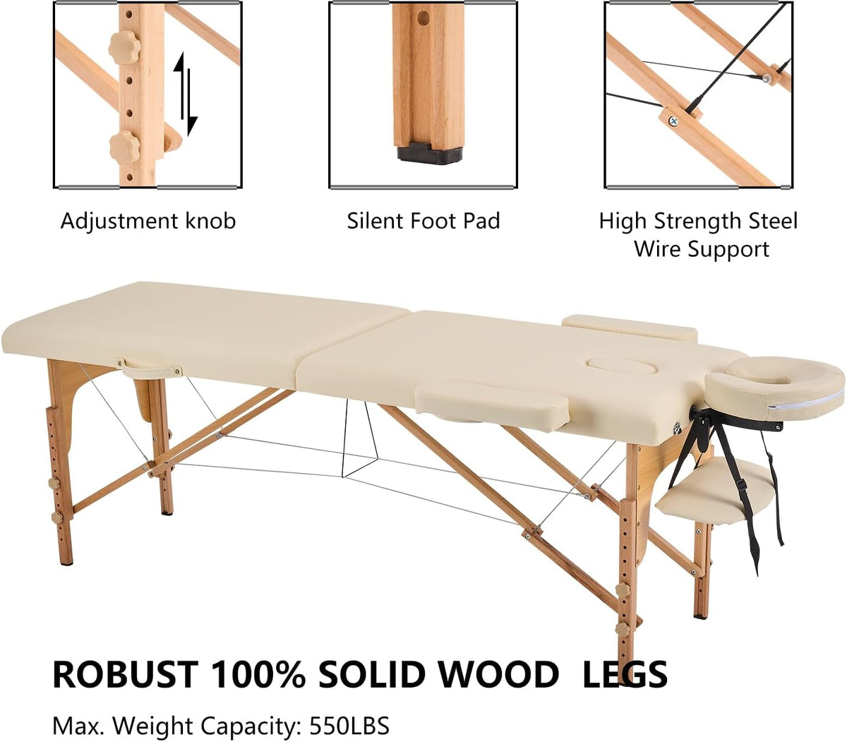 YOUNIKE Professionele opvouwbare massagetafel, 60 cm, breedte, esthetisch, professioneel, hout, verzorgingstafel, tattoo, armleuningbed, massage, tafel, wimpers, draagbaar, 2 secties, beige