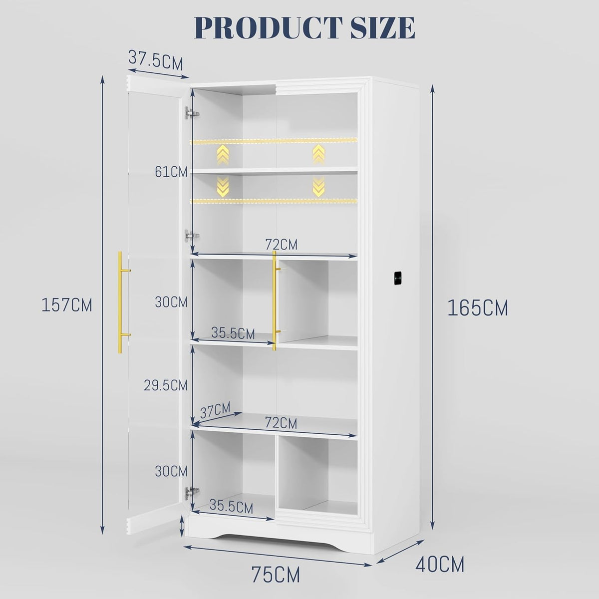 LVSOMT Glazen vitrine met ledverlichting, 165 cm, vitrinekast met glazen deuren, vitrine met 4 displayplanken, 3 kleuren licht, vitrine, glas, hout, woonkamer, hal, wit
