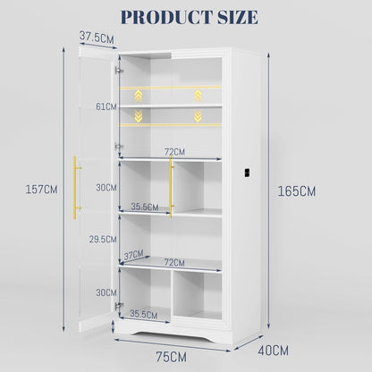 LVSOMT Glazen vitrine met ledverlichting, 165 cm, vitrinekast met glazen deuren, vitrine met 4 displayplanken, 3 kleuren licht, vitrine, glas, hout, woonkamer, hal, wit