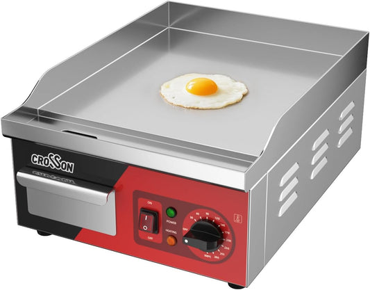 CROSSON Professionele Gastro Grillplaat 2000W,Elektrische Grill van Roestvrij Staal,Glad Oppervlak Kookoppervlak 36 x 40 cm,temperatuur 88-300 °C,Inclusief Spatel