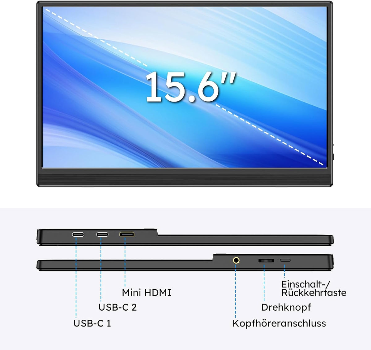 Portable Monitor 15.6" with Custom Stand, 1080P FHD Portable Monitor with Speaker, Ultra Slim USB-C & HDMI External Display for Laptop/PC/Mac/Xbox - with VESA Holes - QUORE