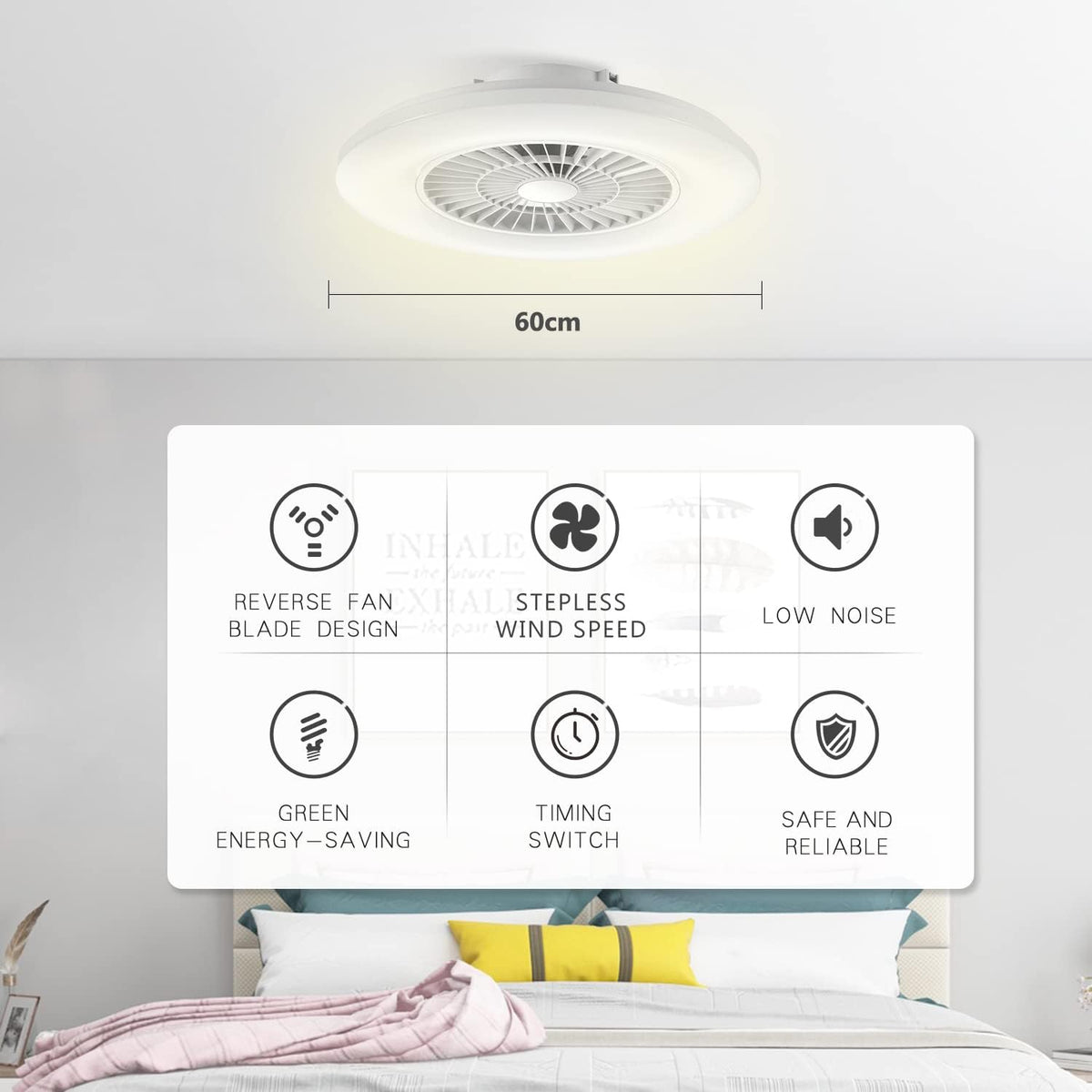 Intelligente led-plafondlamp met ventilator, plafondventilatorlampen, traploze instelling van de windsnelheid, continu dimmen, moderne ventilatorverlichting 60 cm