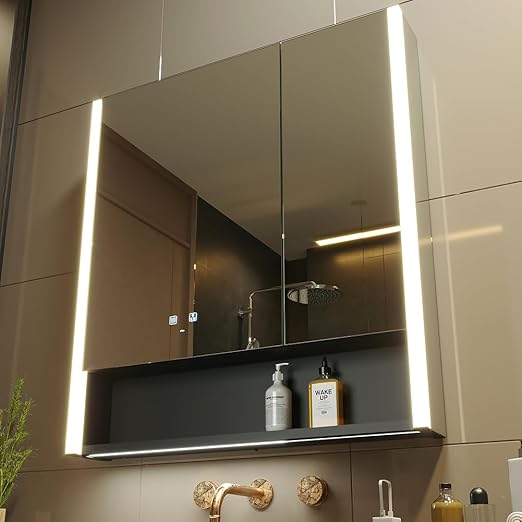 KWW LED Illuminated Bathroom Cabinet with Mirror, Colour Temperature Adjustable, Anti-Fog Dimmable Lamps, Sockets for USB (75 x 80 cm) - QUORE
