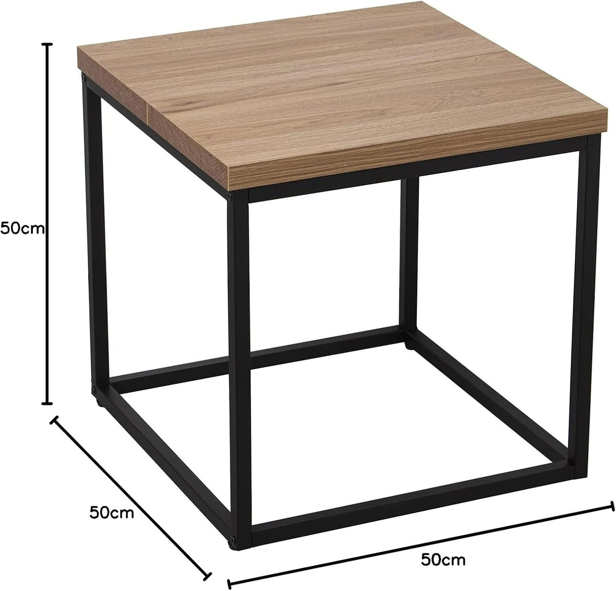 DRW Hoektafel van hout en metalen poten met MDF + melamine en PVC in naturel en zwart, 50 x 50 x 50 cm