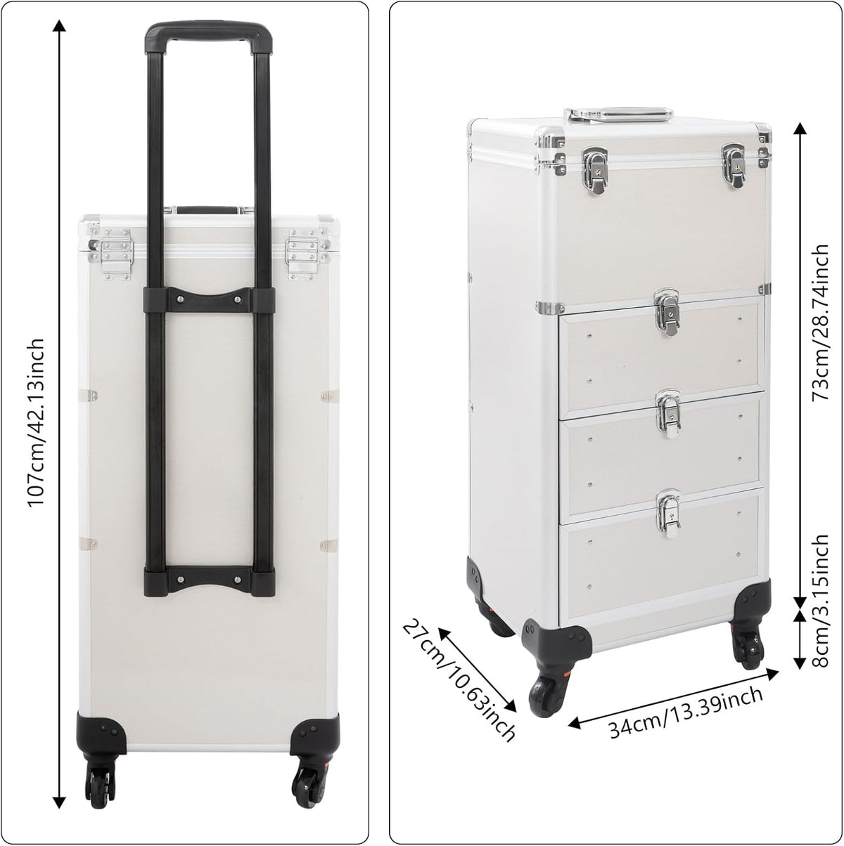 Make-Up Koffer – Make-Up Trolley – Cosmetica Koffer – Visagiekoffer – Beautycase – Aluminium Behuizing – Vergrendelbaar Met 3 Lades & 4 Wielen