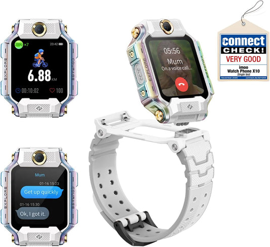 imoo X10 Smartwatch voor kinderen, met GPS, met simkaart, 4G LTE, video, smart watch met split dual camera tracking horloge, 1,6 inch, 98 graden groothoek, anti-shake, 32 GB ROM, SOS (wit)