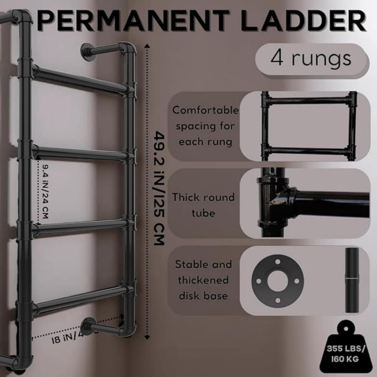 4-Stap Wandhangend Ladder – Metaal Klimmen Toegang voor RV, Zolder en een Stapelbed – Vaste Verslaafd Design - 4 Sport Muur-Vaste Ladder – Kelder Egress-Venster En Exit - Emergency Escape voor Woninge