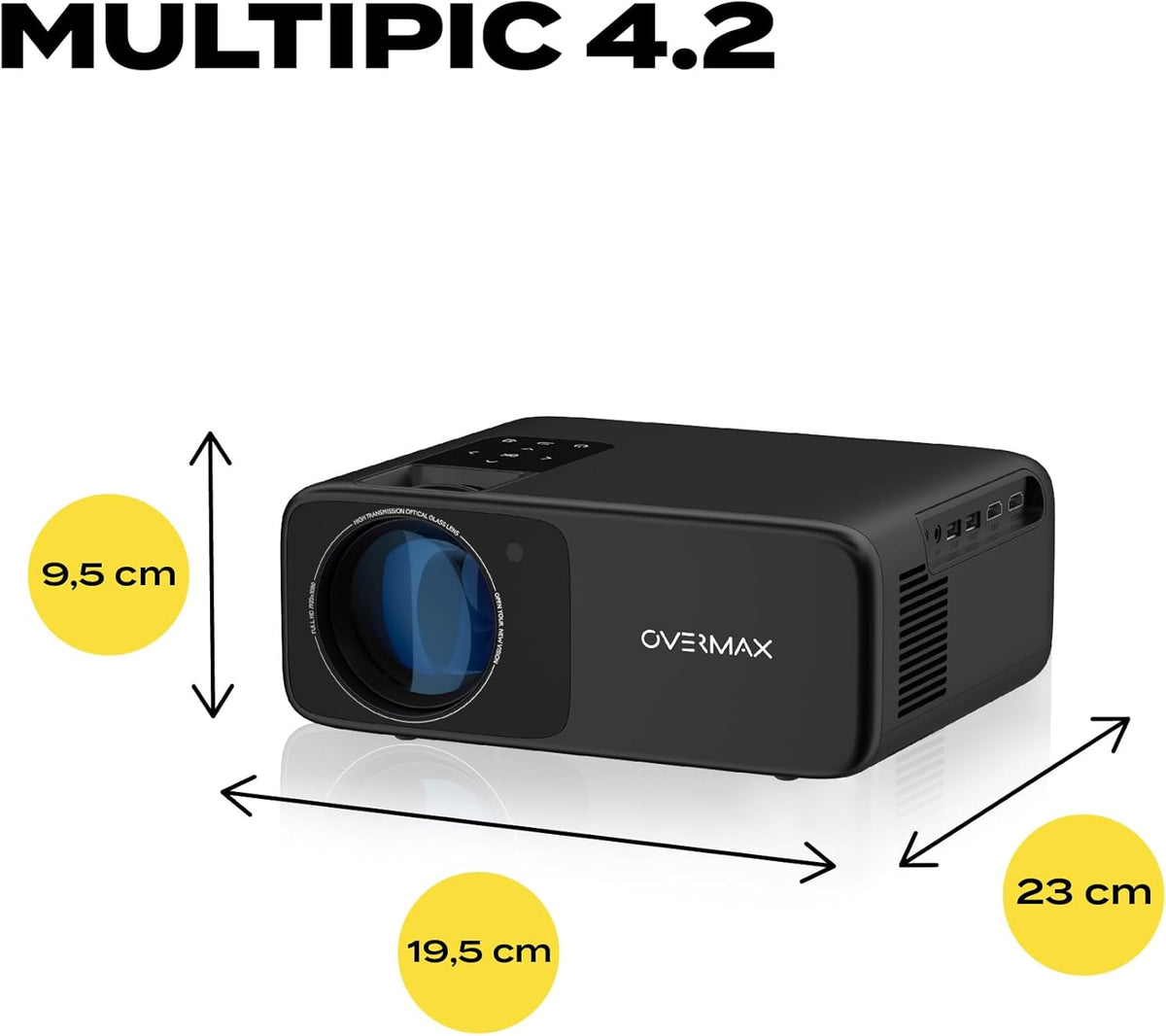 Overmax Multipic 4.2 Full HD 1080p LED Projector: 200" Groot Scherm 4500 Lumen 50000u Lampduur Wi-Fi & BT HMDMI USB Ingebouwde Luidspreker Beleef EURO 2024 en Filmavonden Thuis in Ultieme HD Kwaliteit