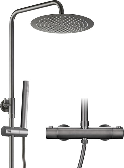 Görbach Thermostaat douchesysteem met douchearmatuur, complete set, regendouche, doucheset met roestvrijstalen douchestang, douchekop rond, diameter 25 cm, grijs