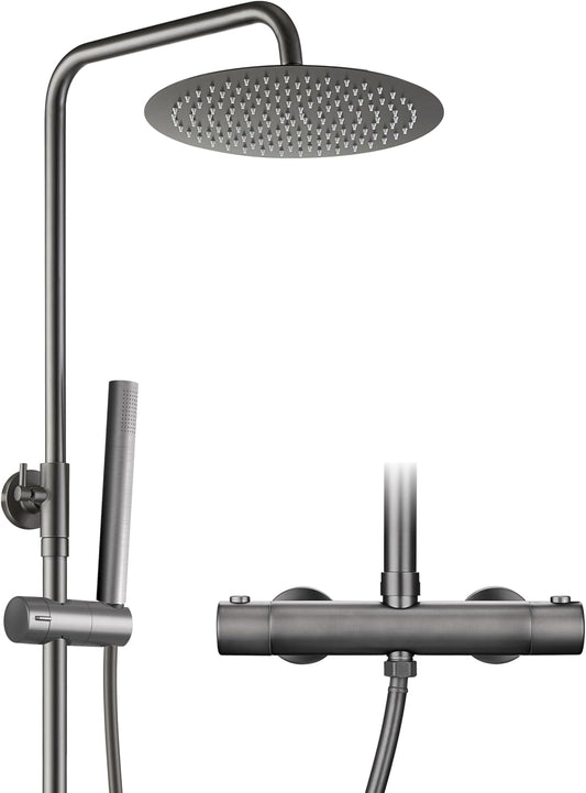 Görbach Thermostaat douchesysteem met douchearmatuur, complete set, regendouche, doucheset met roestvrijstalen douchestang, douchekop rond, diameter 25 cm, grijs