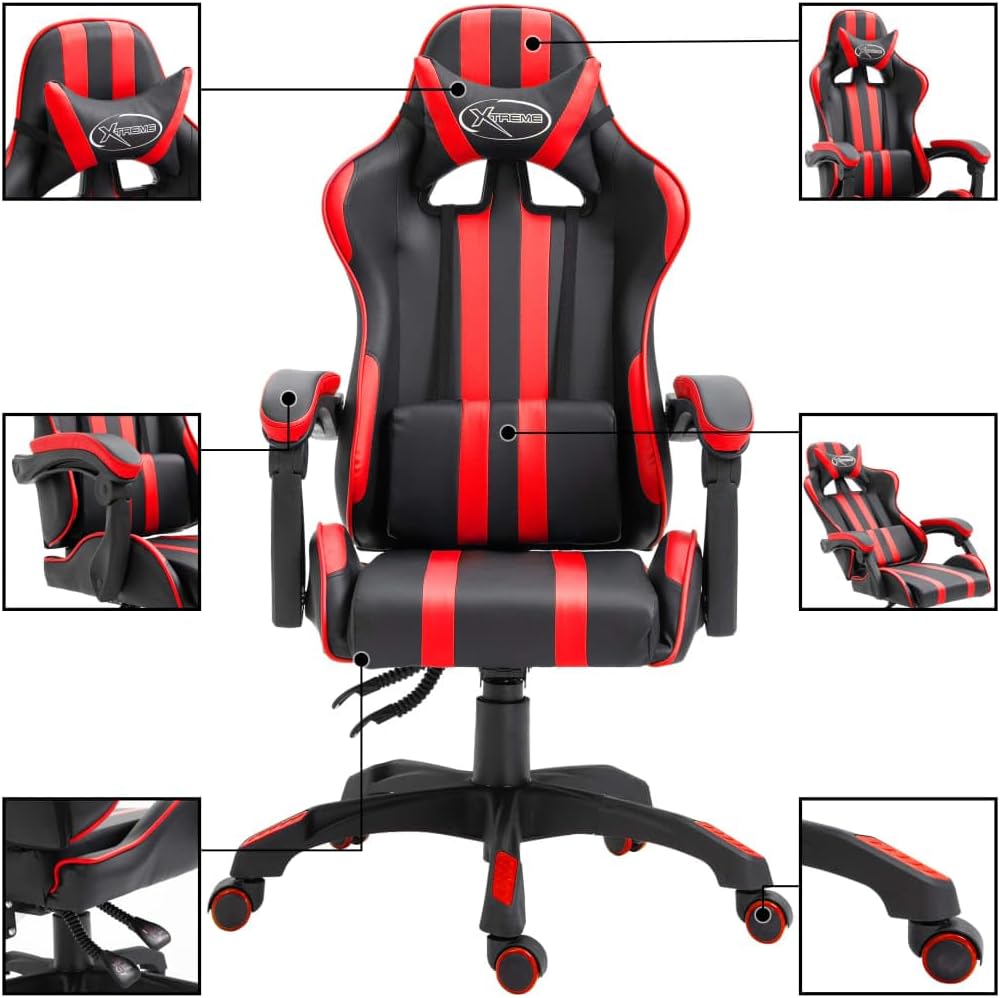 Gamingstoel – Bureaustoel – Gamestoel – Draaistoel – Ergonomische Stoel – Verstelbare Hoogte – Kantelmechanisme – Rood-Zwarte PU Bekleding
